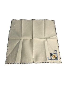 Linen Hankerchief Hand Embroidered With Blue Cross Stitch Border Floral Vintage